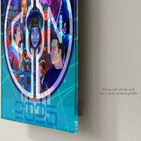 Closeup side profile of Halcyon Eternal 2025 convention exclusive acrylic wall art print floating off the wall with glossy edge detail