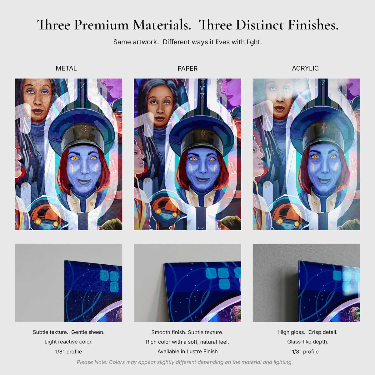 Texture and edge comparison graphic showing metal paper and acrylic finish details for Halcyon Eternal artwork