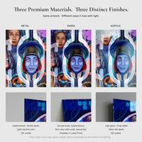 Texture and edge comparison graphic showing metal paper and acrylic finish details for Halcyon Eternal artwork