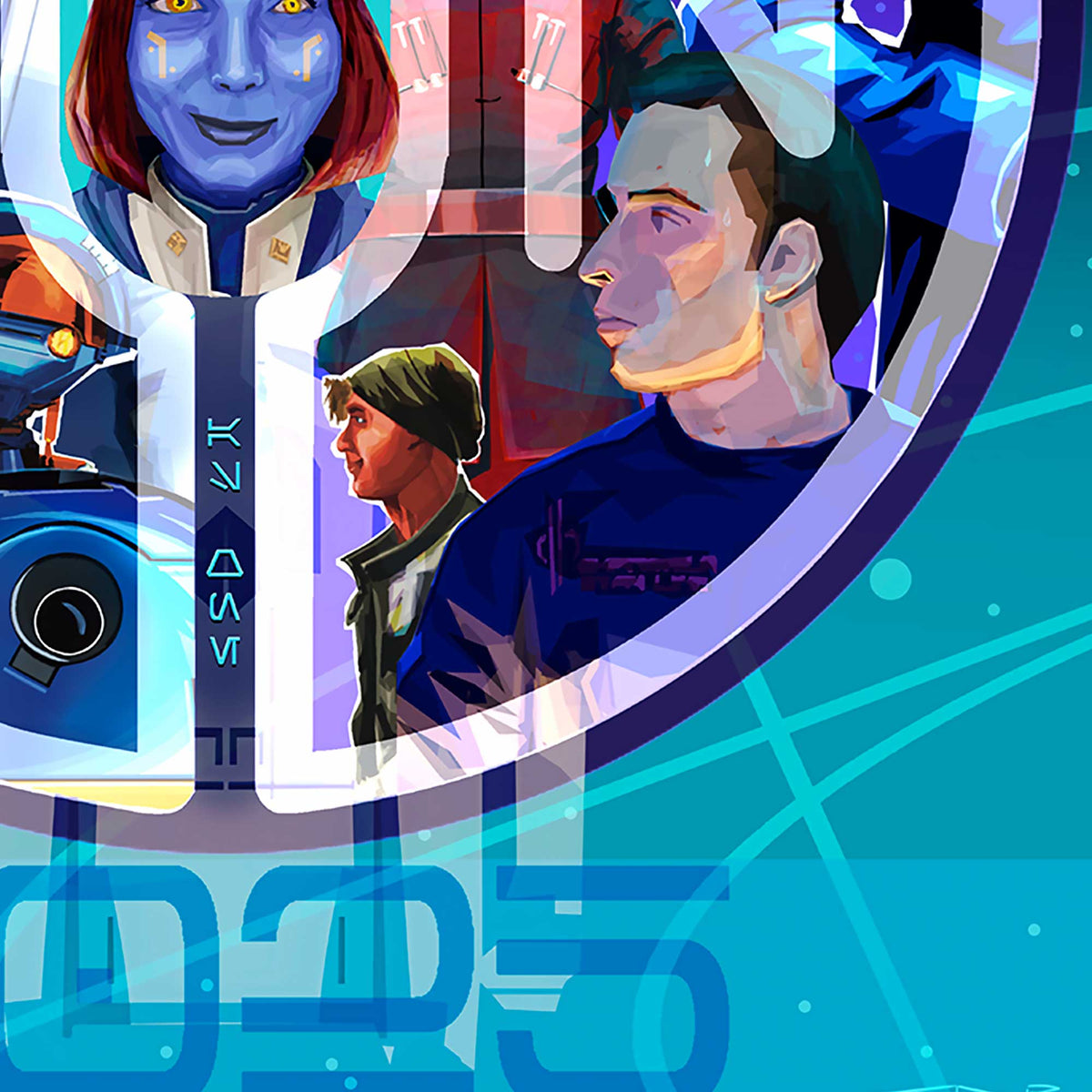 Detail crop of Halcyon Eternal artwork showing layered sci-fi portraits, glowing blue design elements, and bold convention-exclusive 2025 styling.