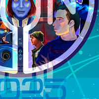 Detail crop of Halcyon Eternal artwork showing layered sci-fi portraits, glowing blue design elements, and bold convention-exclusive 2025 styling.