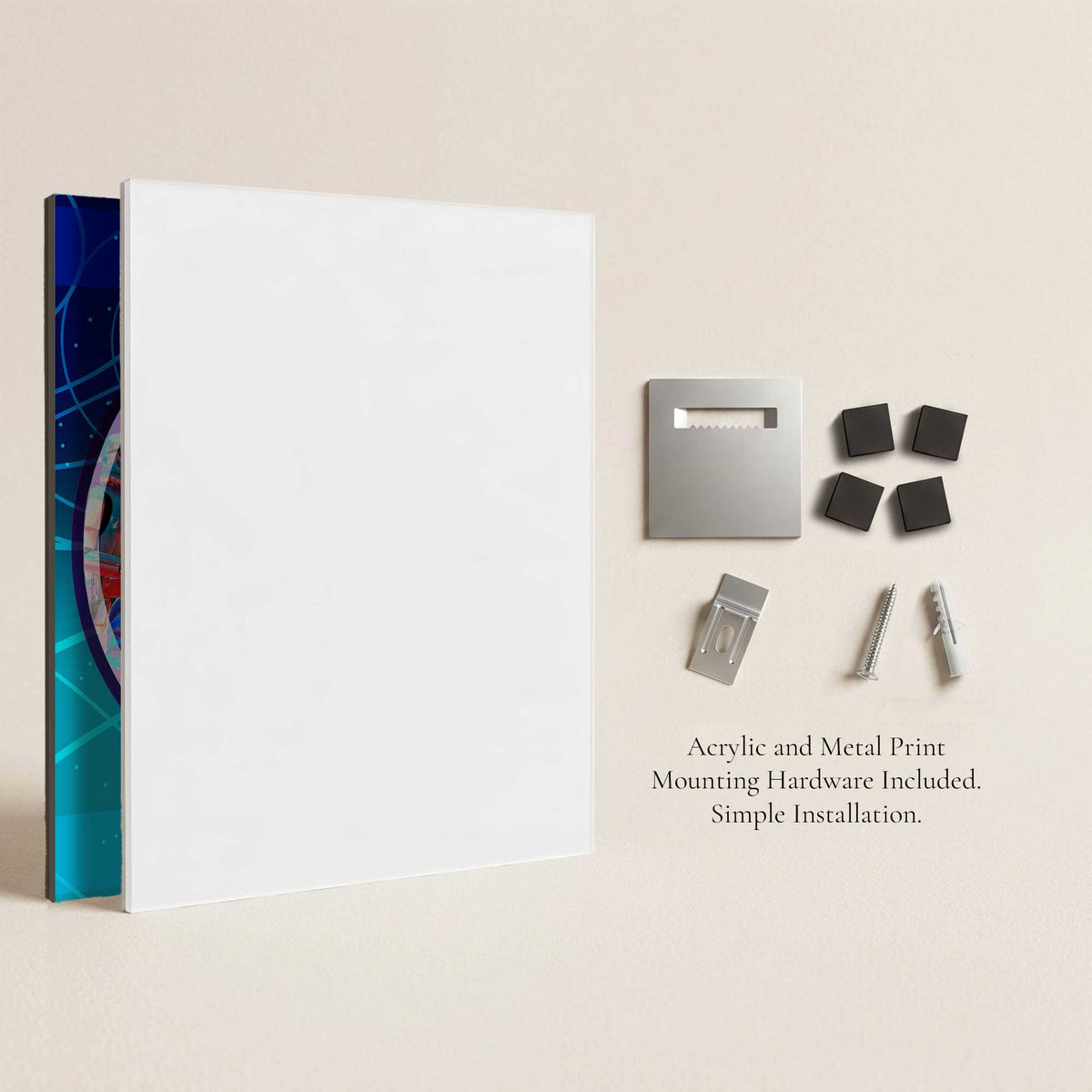 Back view of Halcyon Eternal convention exclusive wall art showing acrylic and metal print mounting hardware and installation system