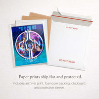 Halcyon Eternal paper art print packaged flat with archival backing board protective sleeve and rigid mailer
