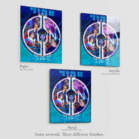 Comparison graphic showing paper acrylic and metal finish options for Halcyon Eternal wall art print