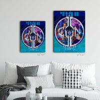 Size comparison graphic showing Halcyon Eternal wall art in 24x30 and 30x40 sizes above a modern sofa