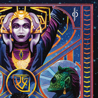 Close up of Gaya in Halcyon Starcruiser art print showing geometric portrait and glowing headpiece