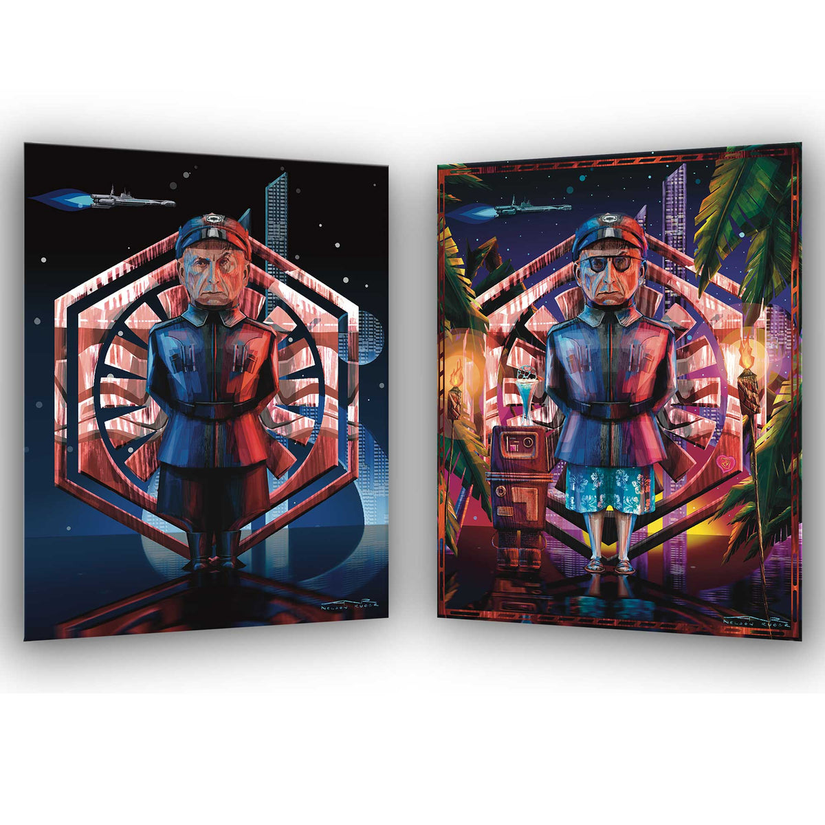 Lieutenant Croy dual mode art print showing First Order officer and tropical vacation version on Galactic Starcruiser Halcyon