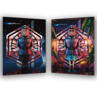 Lieutenant Croy dual mode art print showing First Order officer and tropical vacation version on Galactic Starcruiser Halcyon