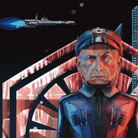Close up detail of Lieutenant Croy First Order uniform with geometric lighting and red tones