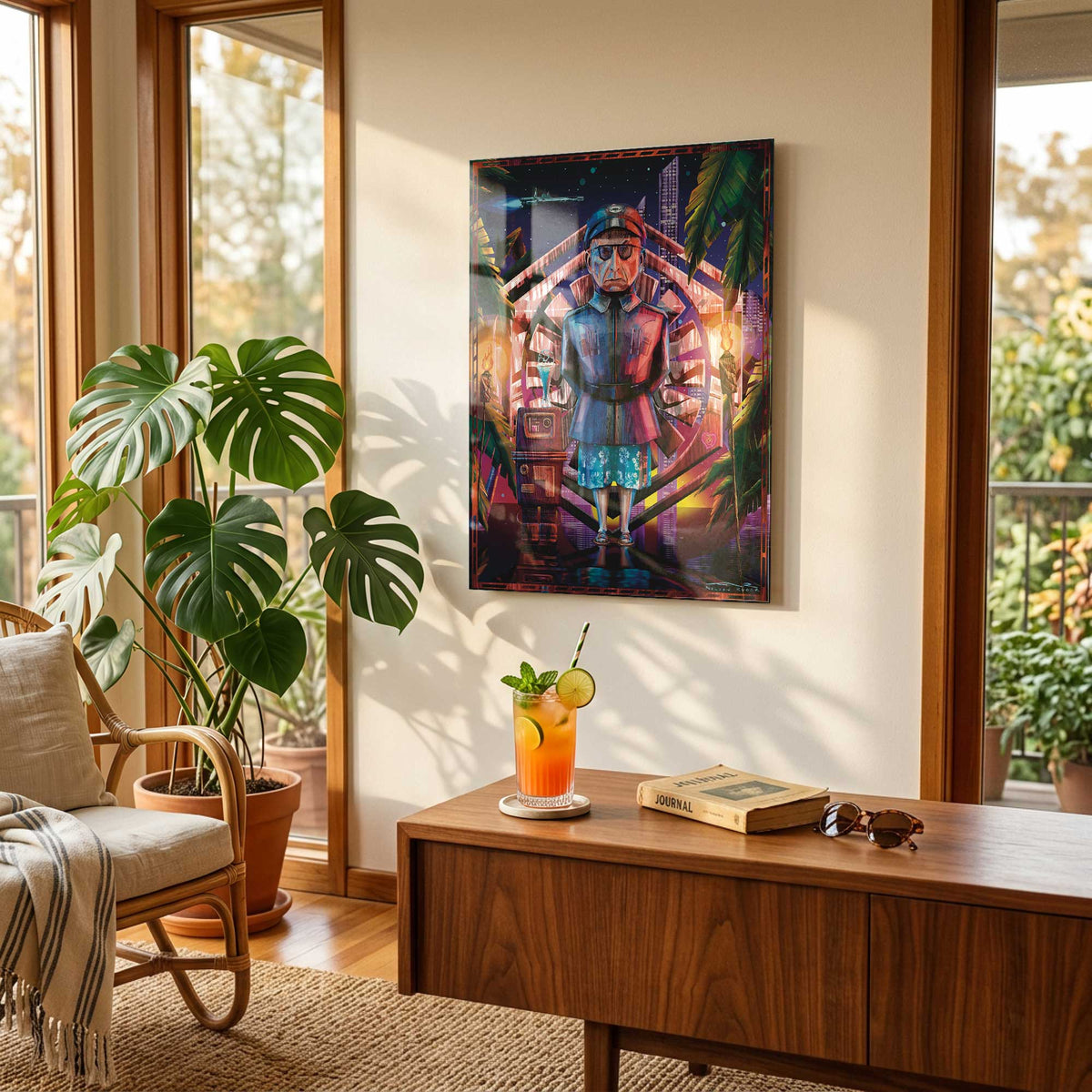 Lieutenant Croy vacation mode art print displayed in warm coastal interior with tropical decor