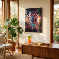Lieutenant Croy vacation mode art print displayed in warm coastal interior with tropical decor