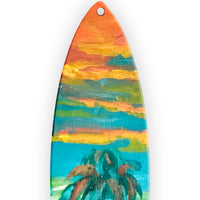 Hand-finished Hawaiian Holiday surfboard ornament showcasing a one-of-a-kind tropical coastal painting