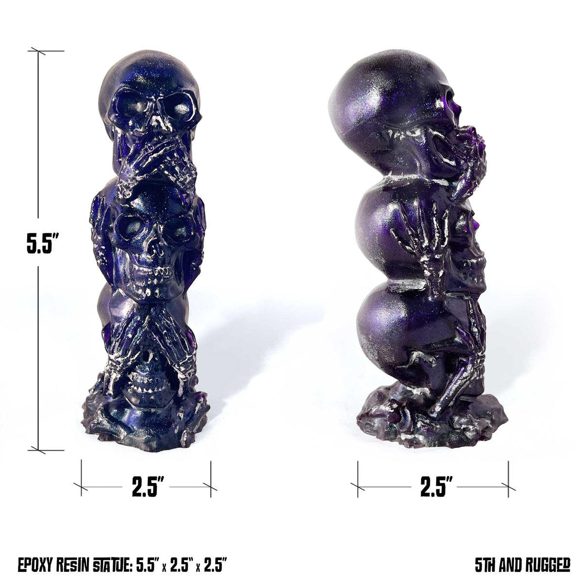Three Wise Skulls resin figurine showing dimensions measuring 5.5 inches tall by 2.5 inches wide