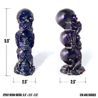Three Wise Skulls resin figurine showing dimensions measuring 5.5 inches tall by 2.5 inches wide