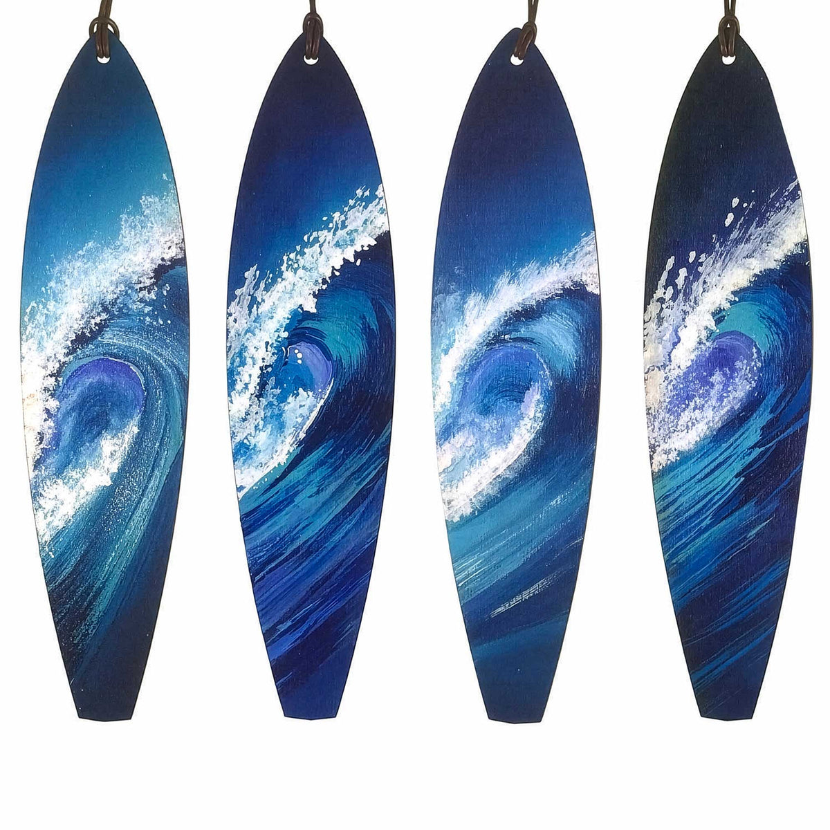 Set of hand-made blue and white wood surfboard christmas ornaments for your beach Christmas tree ideas.