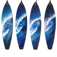 Set of hand-made blue and white wood surfboard christmas ornaments for your beach Christmas tree ideas.