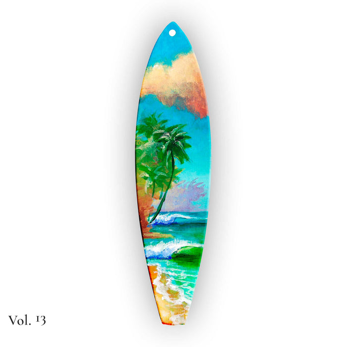 Island-inspired Hawaiian Holiday surfboard ornament showcasing expressive brushwork and tropical ocean scenery