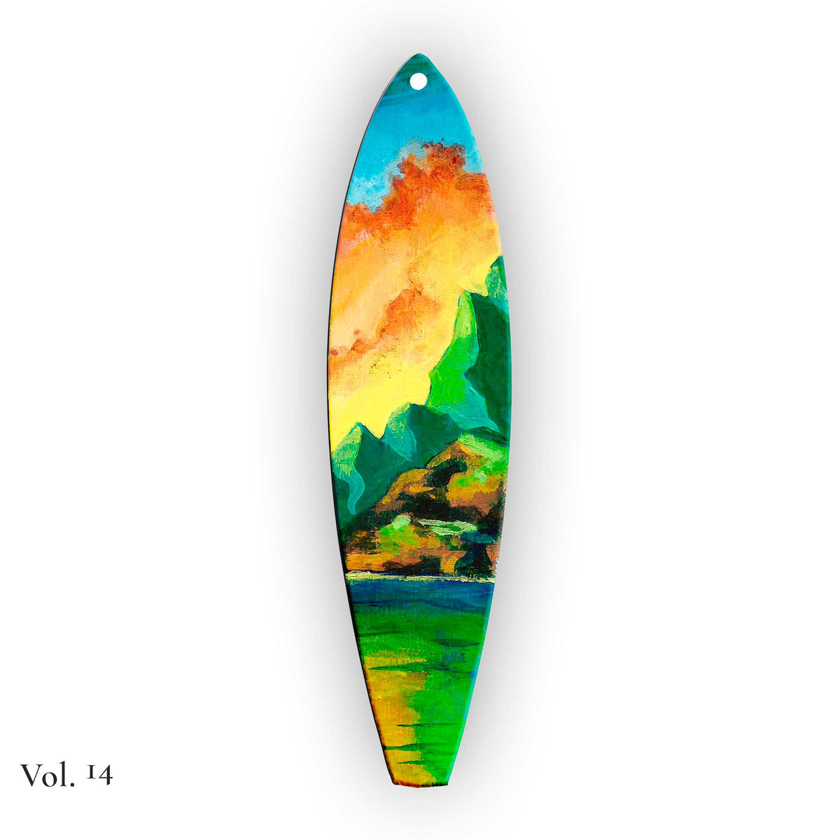 Hand-painted Hawaiian Holiday surfboard ornament featuring lush island mountains and layered green valleys
