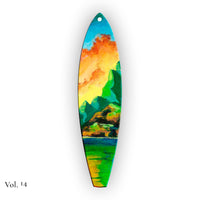 Hand-painted Hawaiian Holiday surfboard ornament featuring lush island mountains and layered green valleys