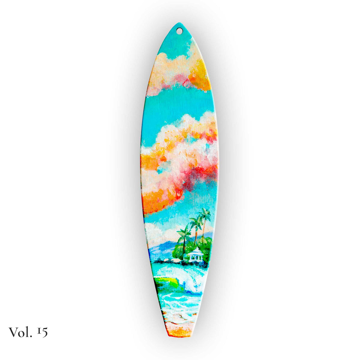 Hand-painted Hawaiian Holiday surfboard ornament featuring a tropical island scene with palms, pavilion, and ocean waves