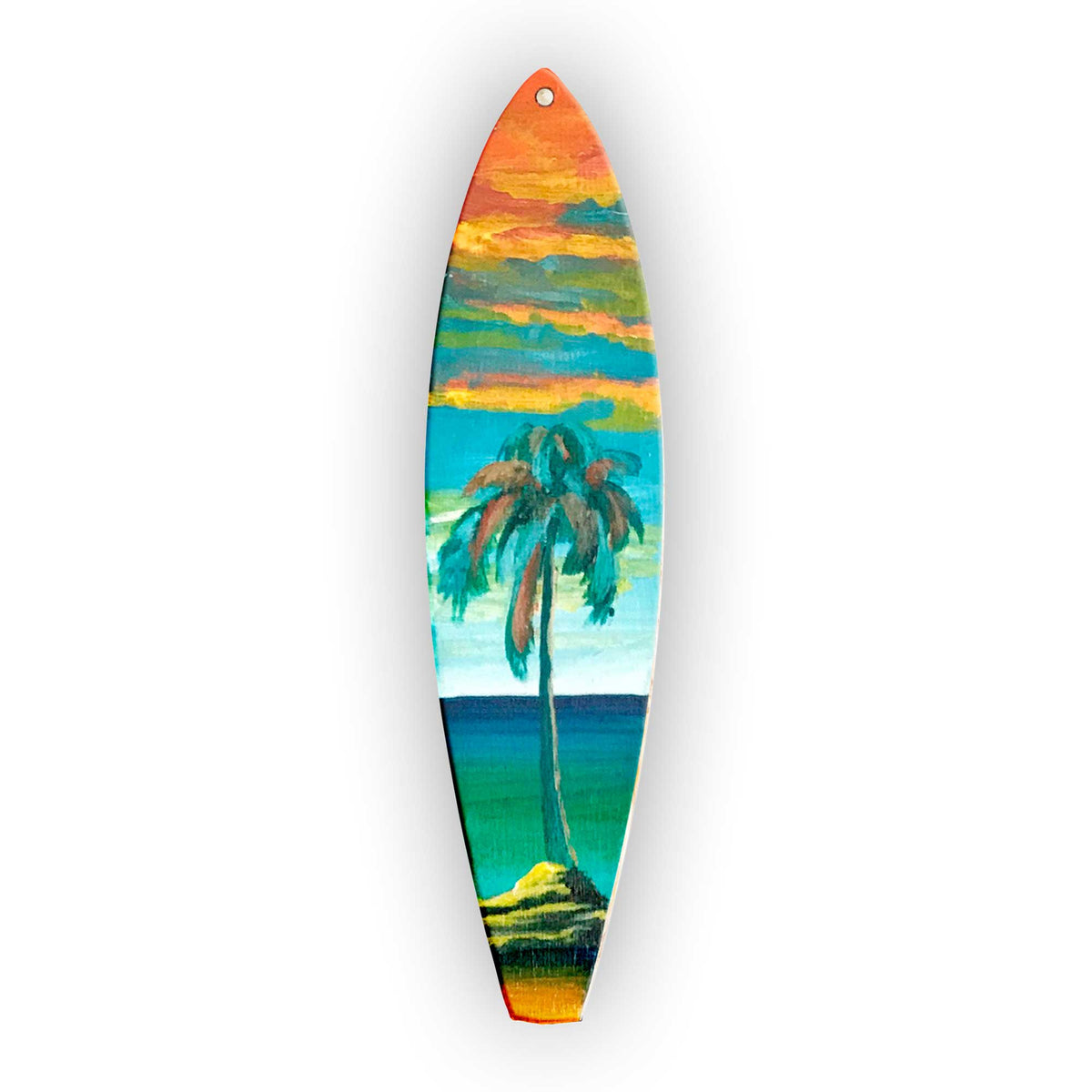 One-of-a-kind Hawaiian Holiday surfboard ornament with expressive acrylic artwork inspired by Hawaiian beaches