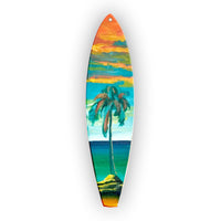 One-of-a-kind Hawaiian Holiday surfboard ornament with expressive acrylic artwork inspired by Hawaiian beaches