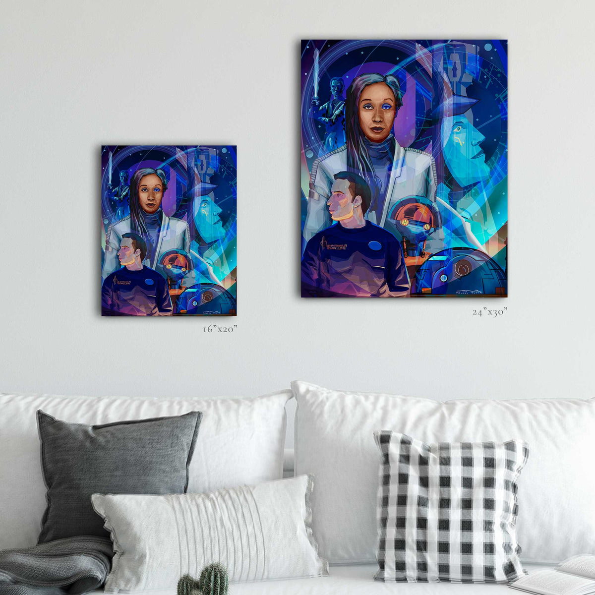 Galactic Starcruiser wall art showing 16x20 and 24x30 print size comparison above a modern living room sofa