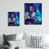 Galactic Starcruiser wall art showing 16x20 and 24x30 print size comparison above a modern living room sofa