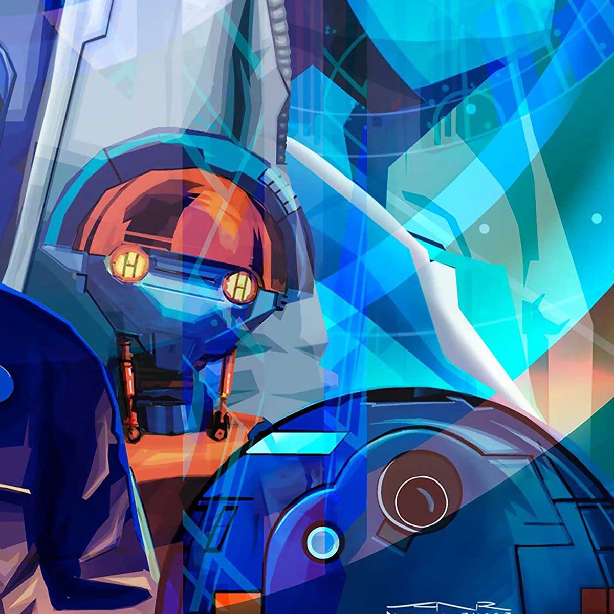 Detail of Sammie and SK-620 droid from Heart of the Halcyon Galactic Starcruiser tribute artwork