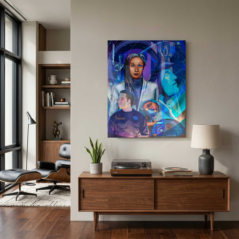 Galactic Starcruiser inspired wall art displayed in a modern mid-century interior with warm wood furniture and natural light
