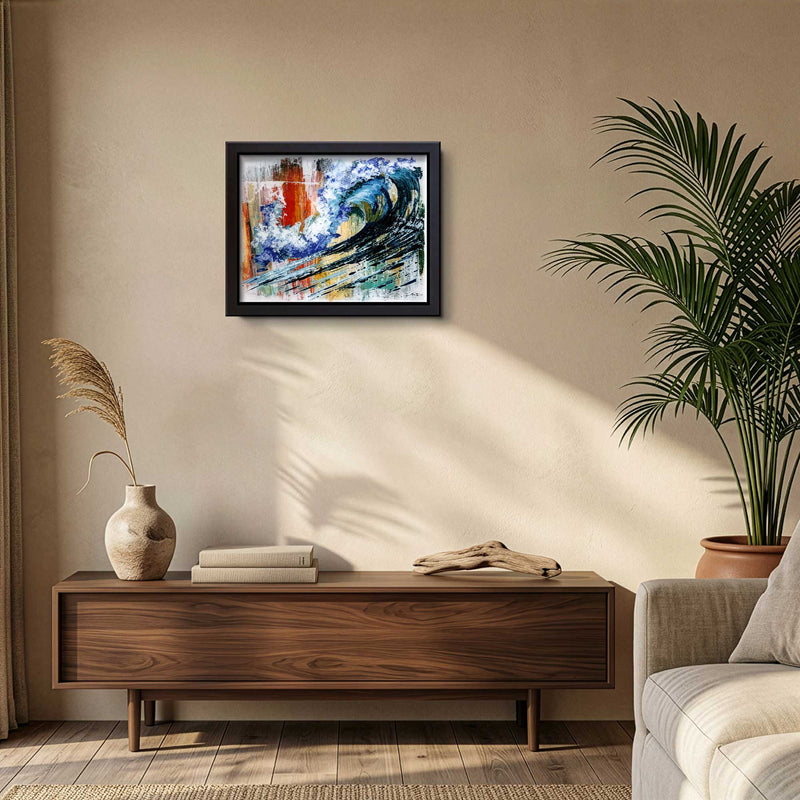 Alt Text: Framed abstract wave painting displayed in a modern living room with coastal decor and natural light