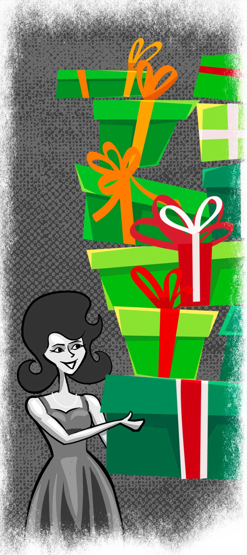 Vertical holiday sale banner showing retro illustrated character with holiday gifts, promoting discounted Star Wars art and ornaments.