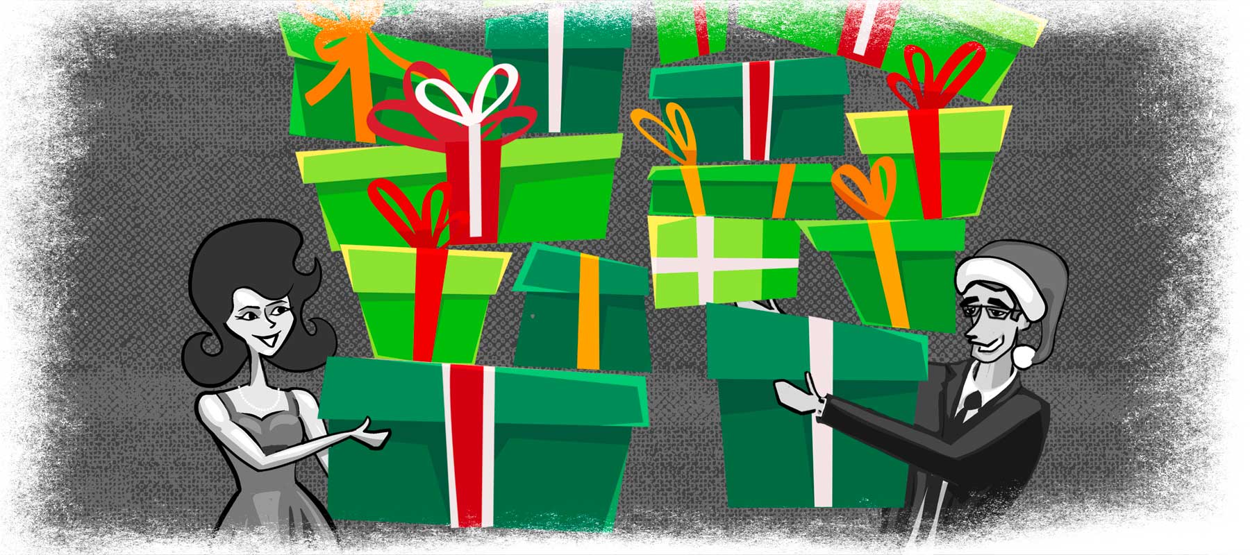 Holiday sale banner featuring retro-style characters holding gift boxes, promoting Star Wars-inspired art bundles and ornaments, and sales on original art.