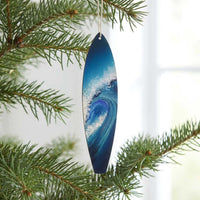 Big Blue surfboard ornament hanging on christmas tree