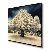Angled view of In the Moment Vol. 2 winter tree palette knife oil painting in black floater frame