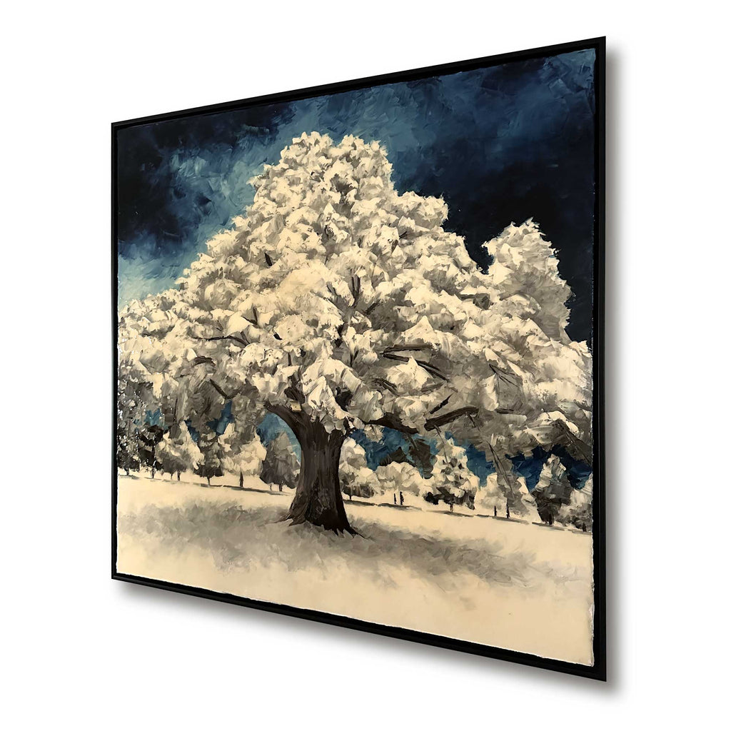 Angled view of In the Moment Vol. 2 winter tree palette knife oil painting in black floater frame