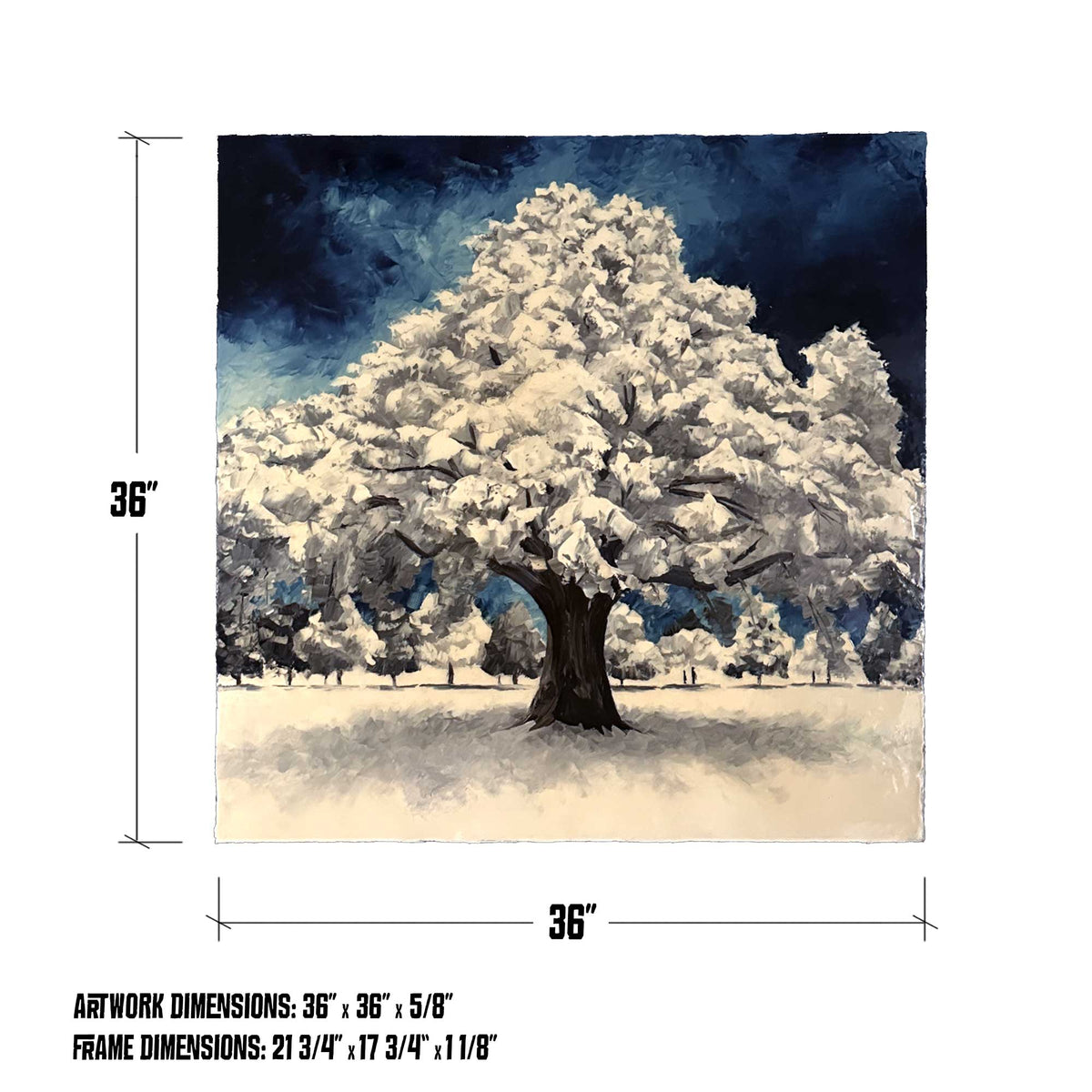 Diagram of In the Moment Vol. 2 original winter tree painting showing 36x36 inch artwork dimensions