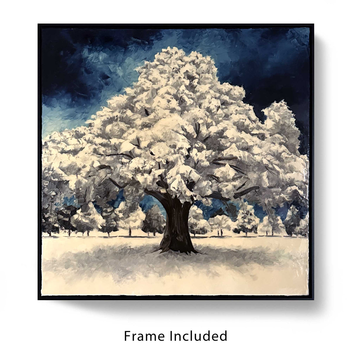 Original 36x36 winter landscape oil painting in black floater frame, snow-covered tree under dark sky