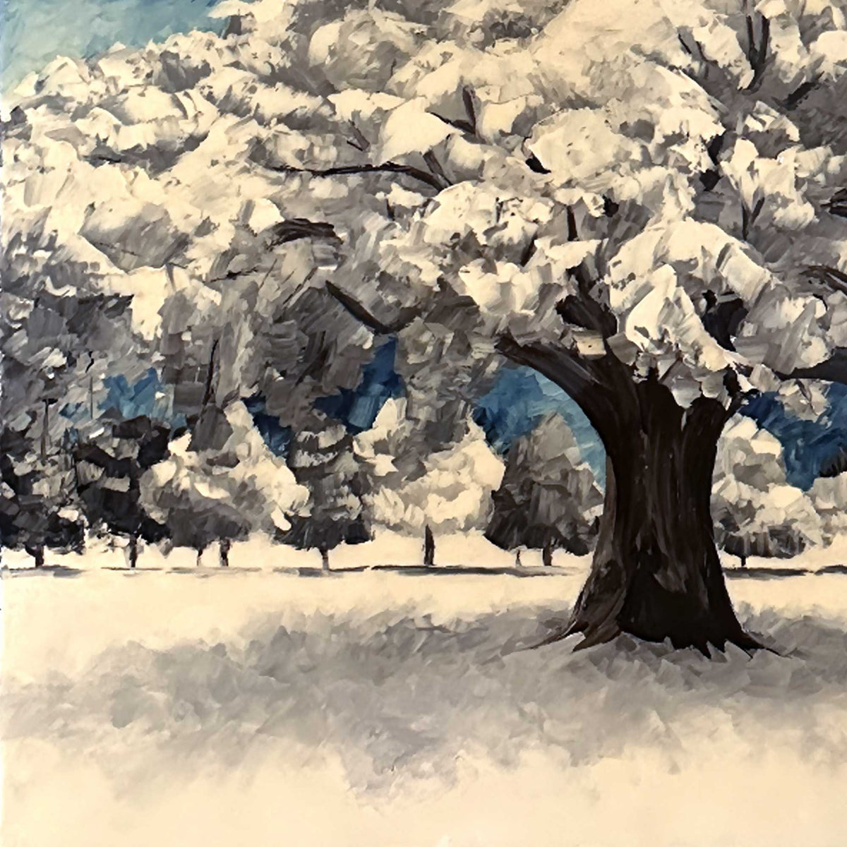 Close-up of textured palette knife snow-covered branches in original winter tree oil painting