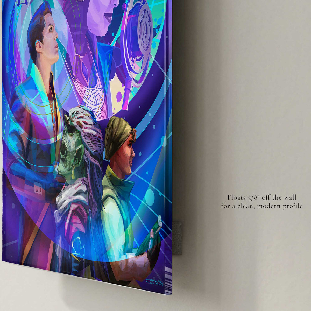 Glossy acrylic Star Wars inspired Intergalactic Jam art print with floating wall mount profile and modern edge detail