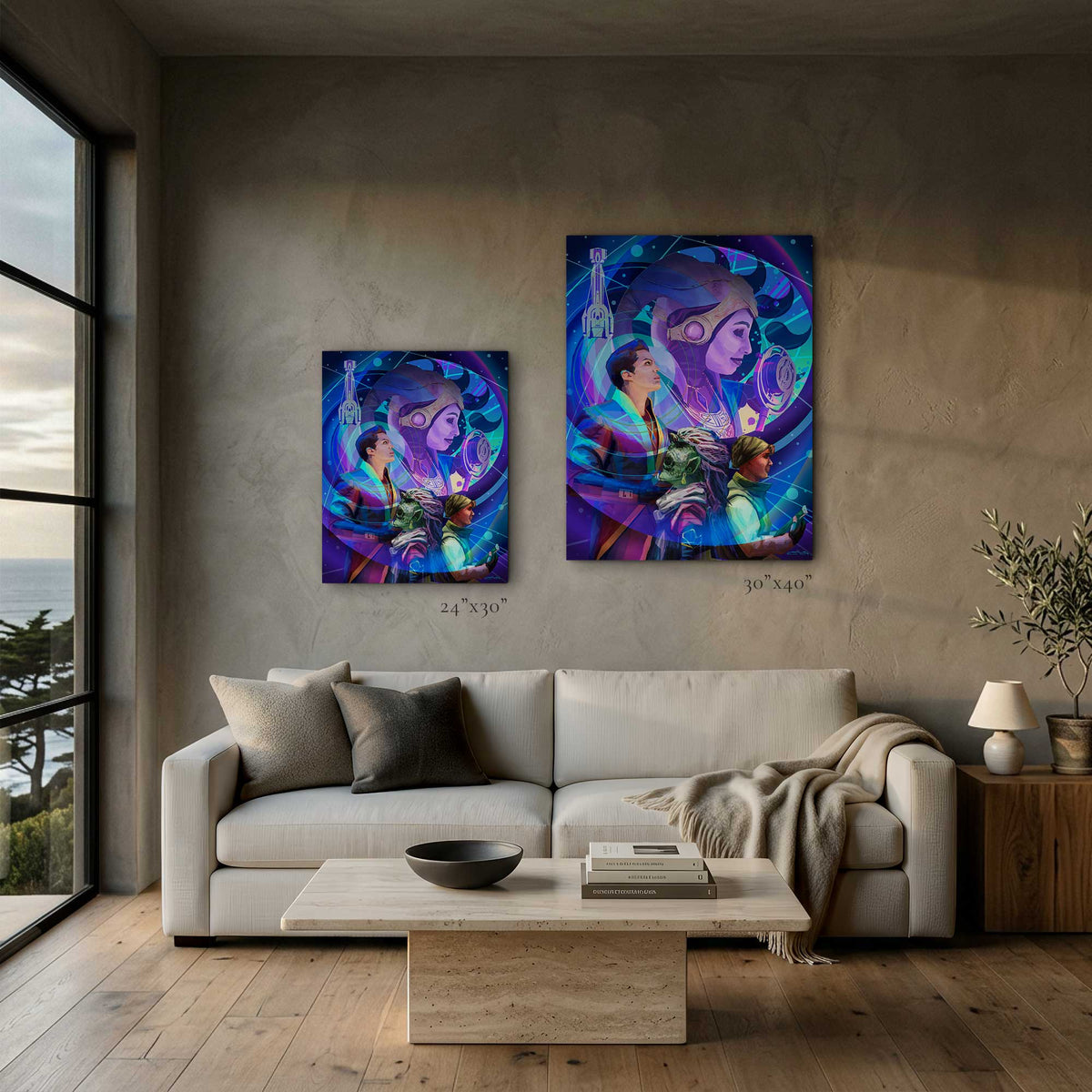 Intergalactic Jam Star Wars inspired wall art showing 24x30 and 30x40 print size comparison above a modern coastal living room sofa