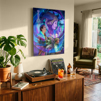Colorful Star Wars inspired Intergalactic Jam wall art displayed above a mid century record console in a modern living room