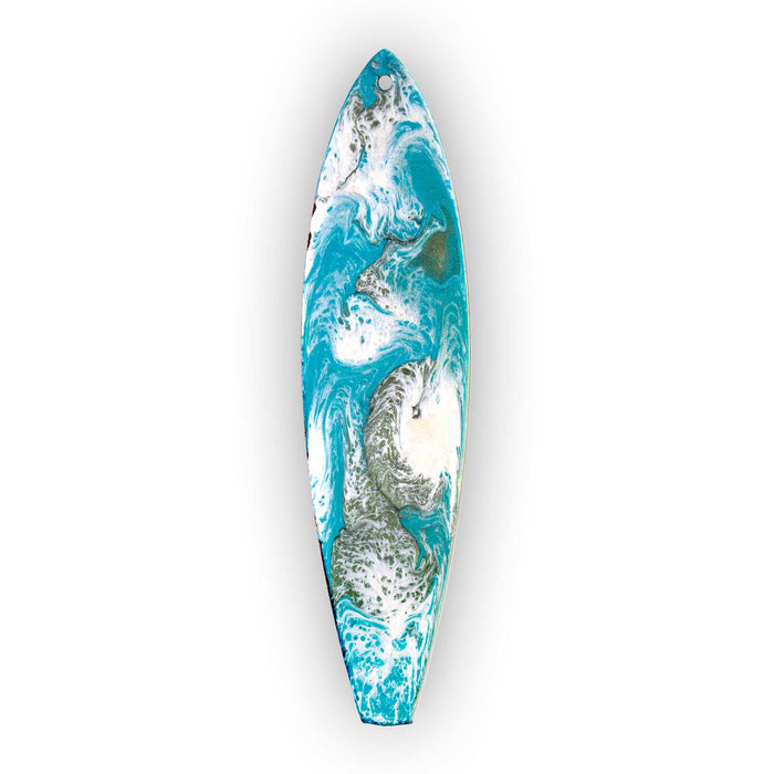 Alt text: hand painted Islander surfboard christmas ornament with resin texture