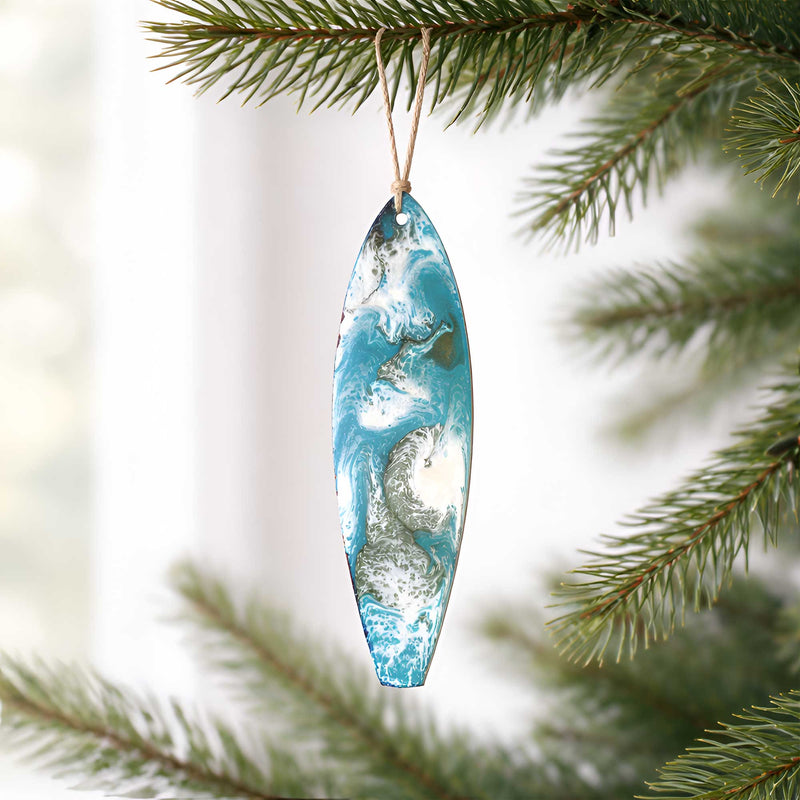 Islander surfboard ornament hanging on christmas tree