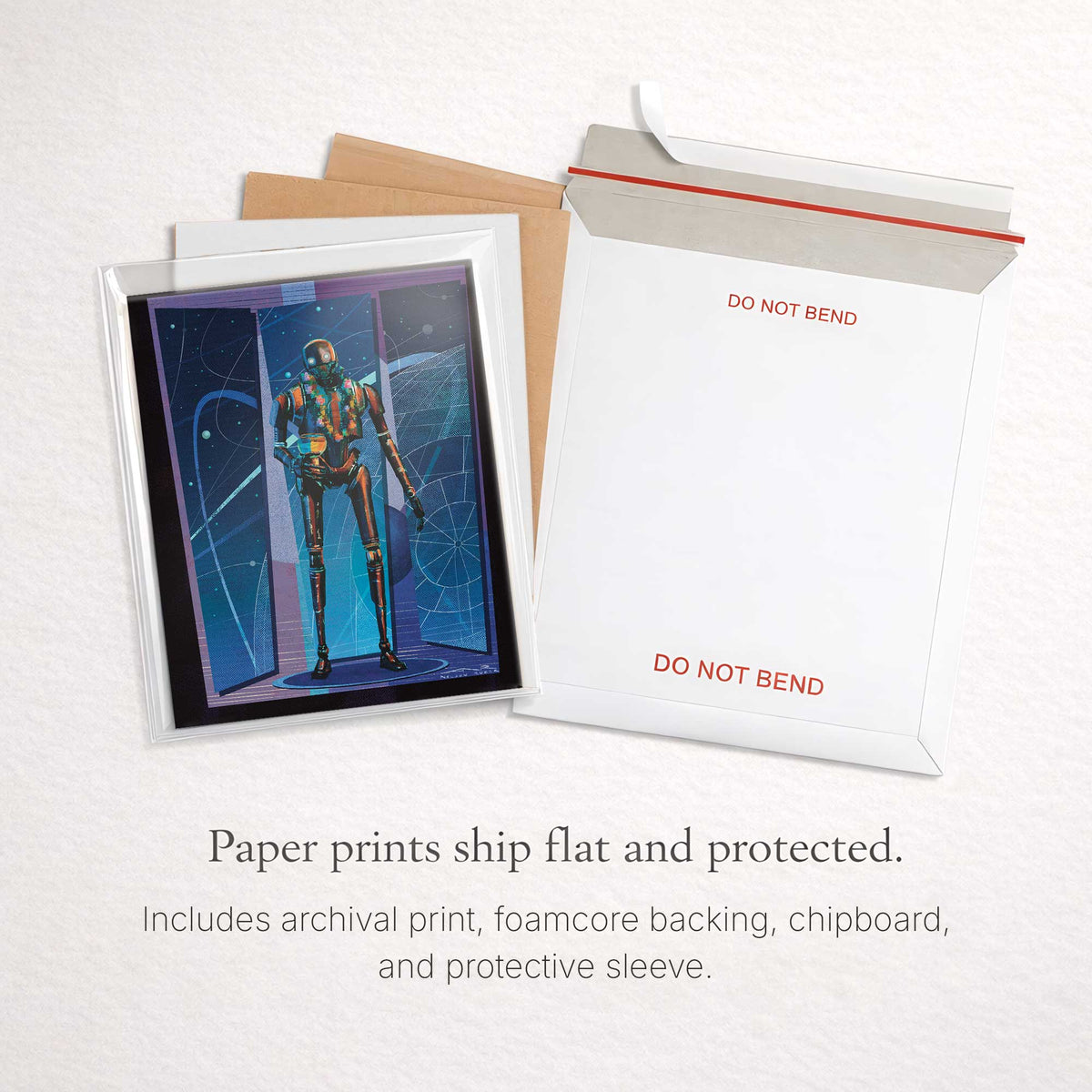 k2so art print packaged flat with protective sleeve foamcore backing and rigid mailer for safe shipping
