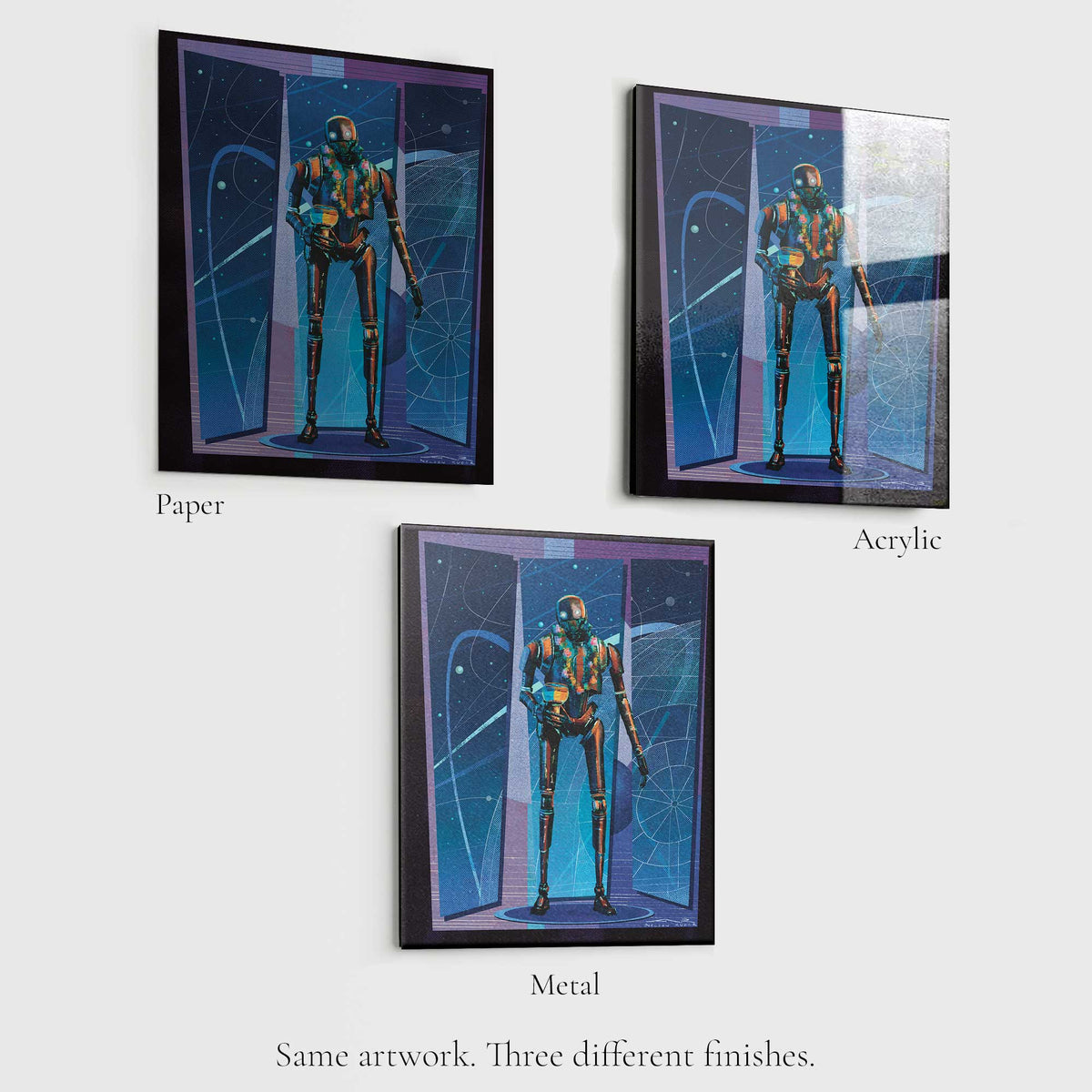 k2so star wars art print displayed on paper acrylic and metal finishes showing material differences and print quality