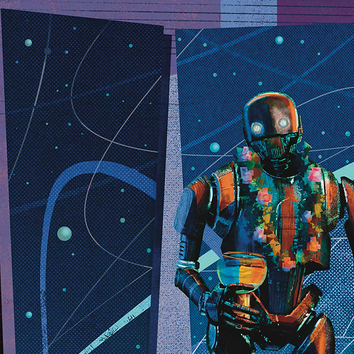 k2so droid art print detail featuring tropical lei and drink in a retro sci-fi mid-century modern composition 