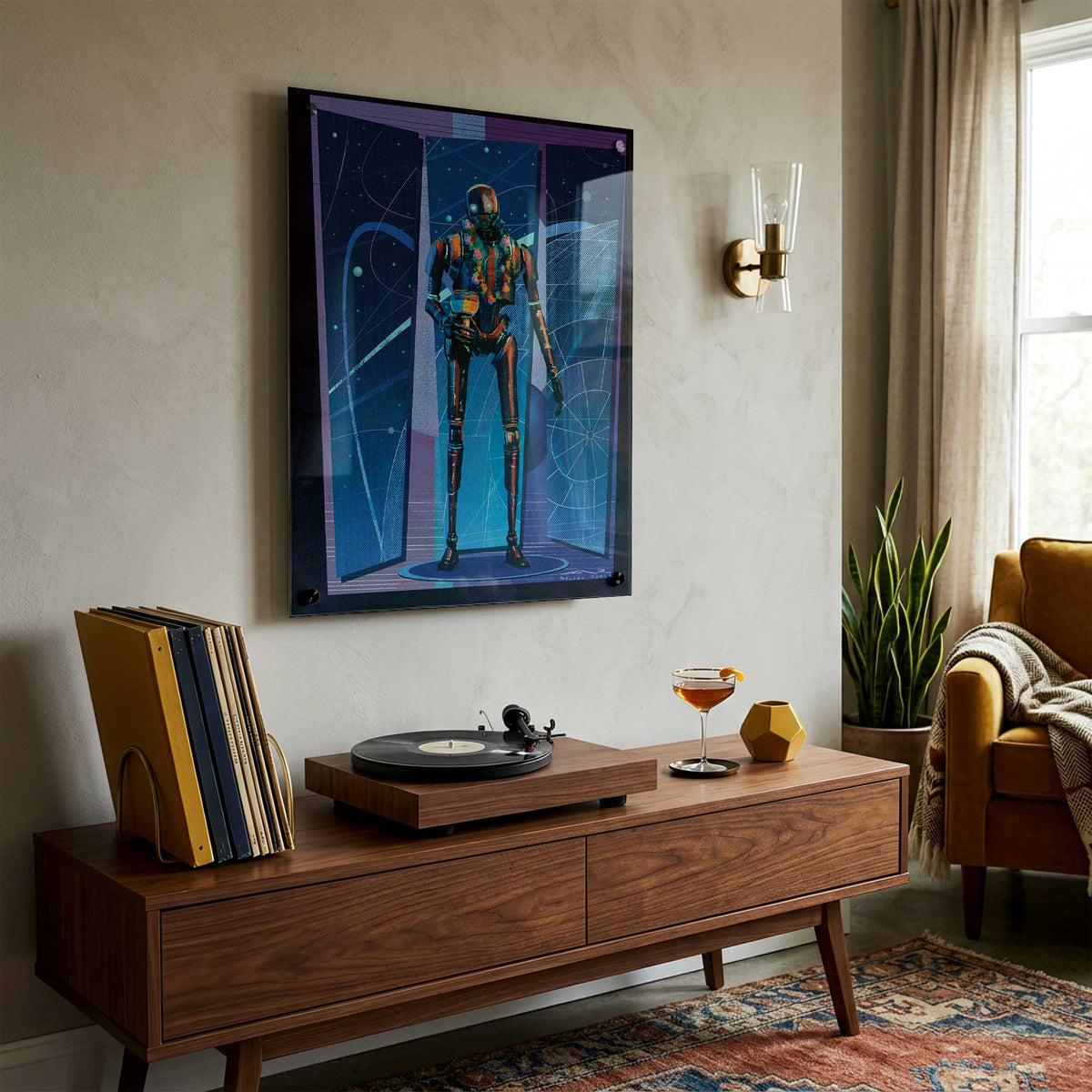 k2so star wars wall art displayed in a mid-century modern living room with warm wood furniture, a record player, and furniture with clean styling