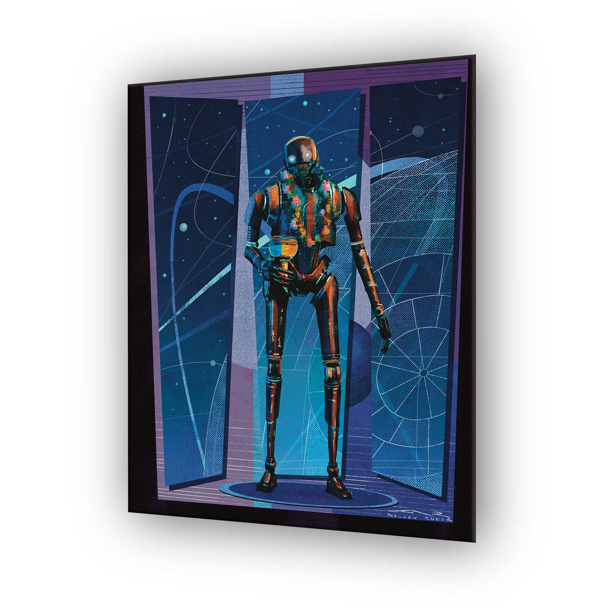 k2so star wars droid art print shown in mid-century modern style with bold geometric shapes and retro sci-fi color palette