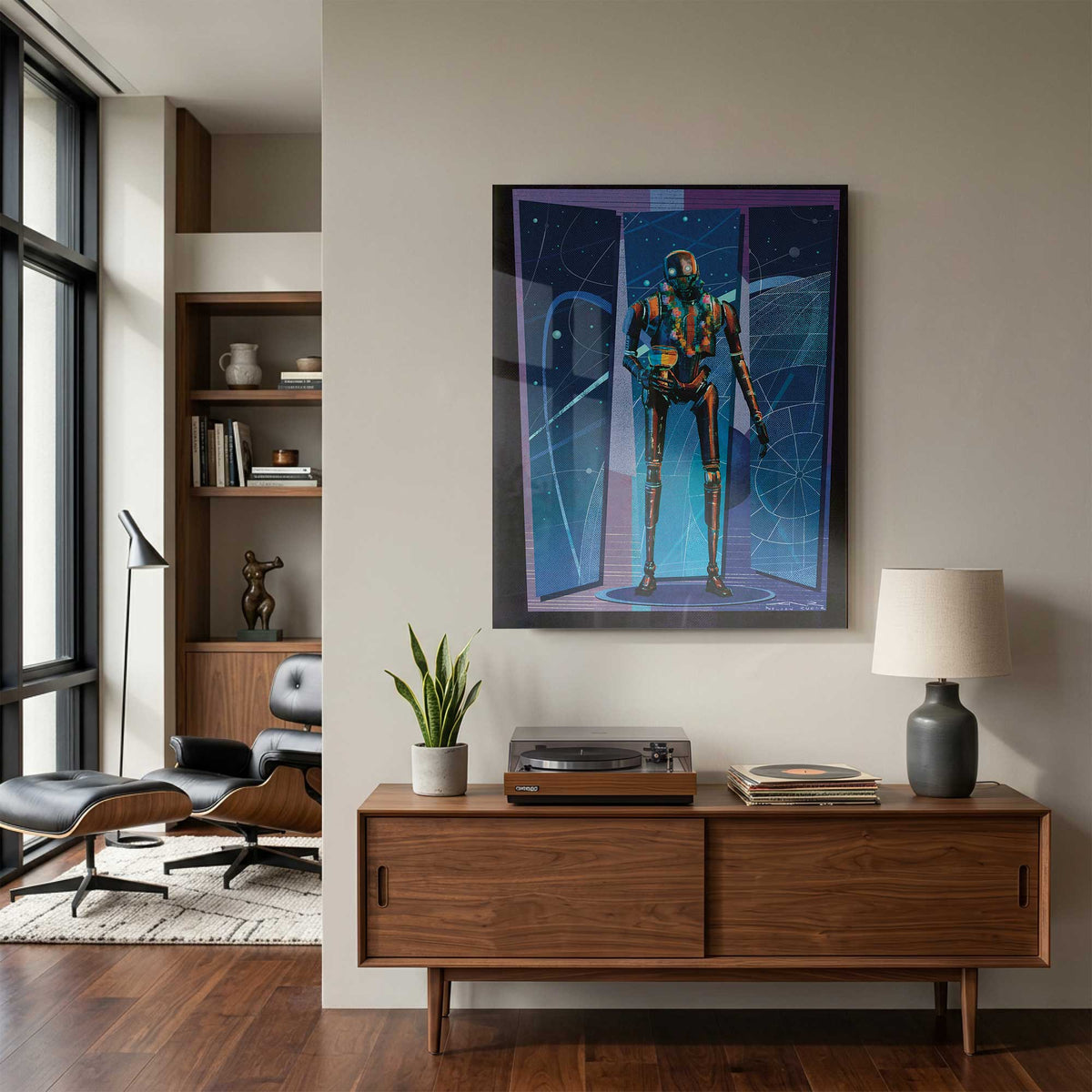 k2so star wars wall art displayed in a mid-century modern living room with warm wood furniture and clean styling